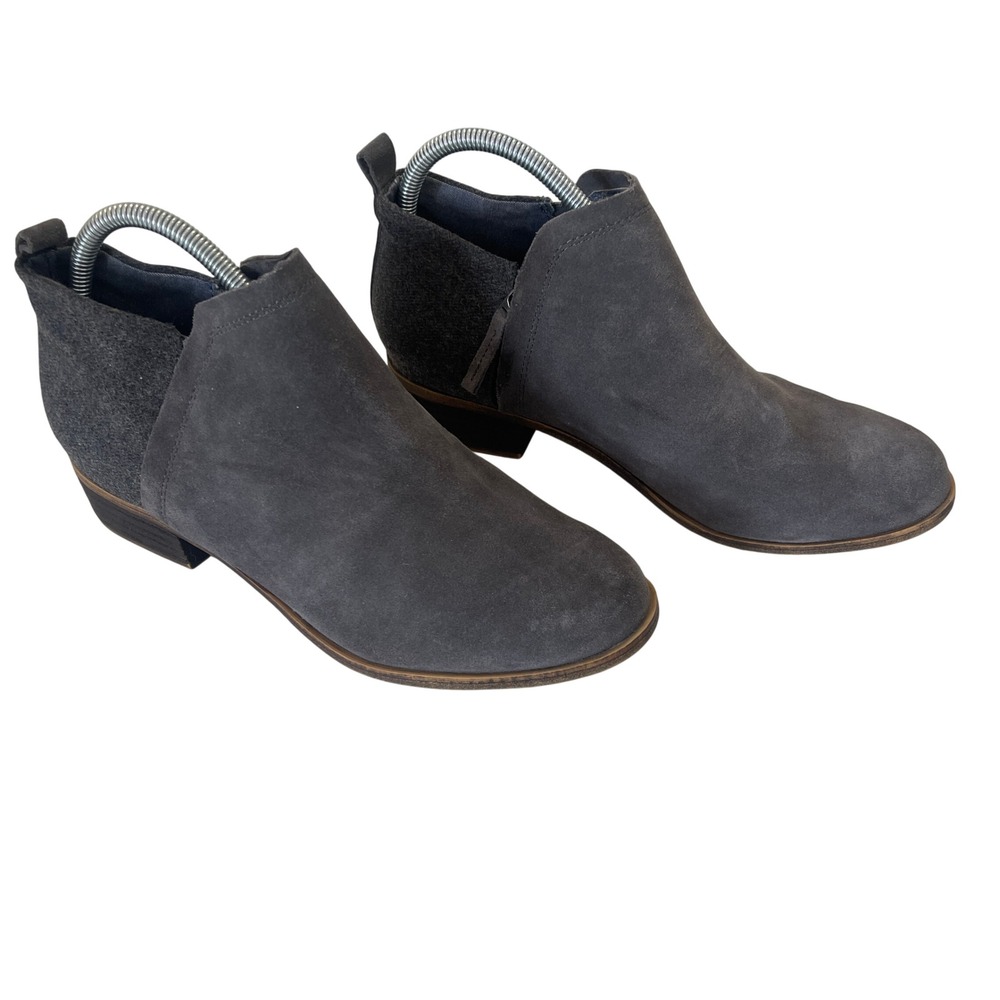 TOMS Leila Dark Grey Suede Wool Mixed Media Ankle Booties Side Zip Womens 9.5